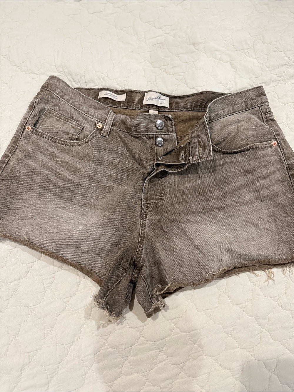 Distressed High-Rise Denim Shorts - Gray
